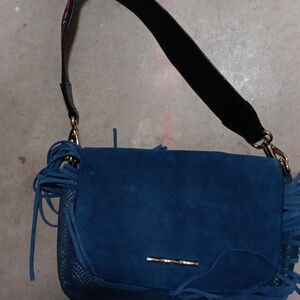 ELAINE TURNER Blue Suede Fringe Trim Purse Handbag Guitar Strap